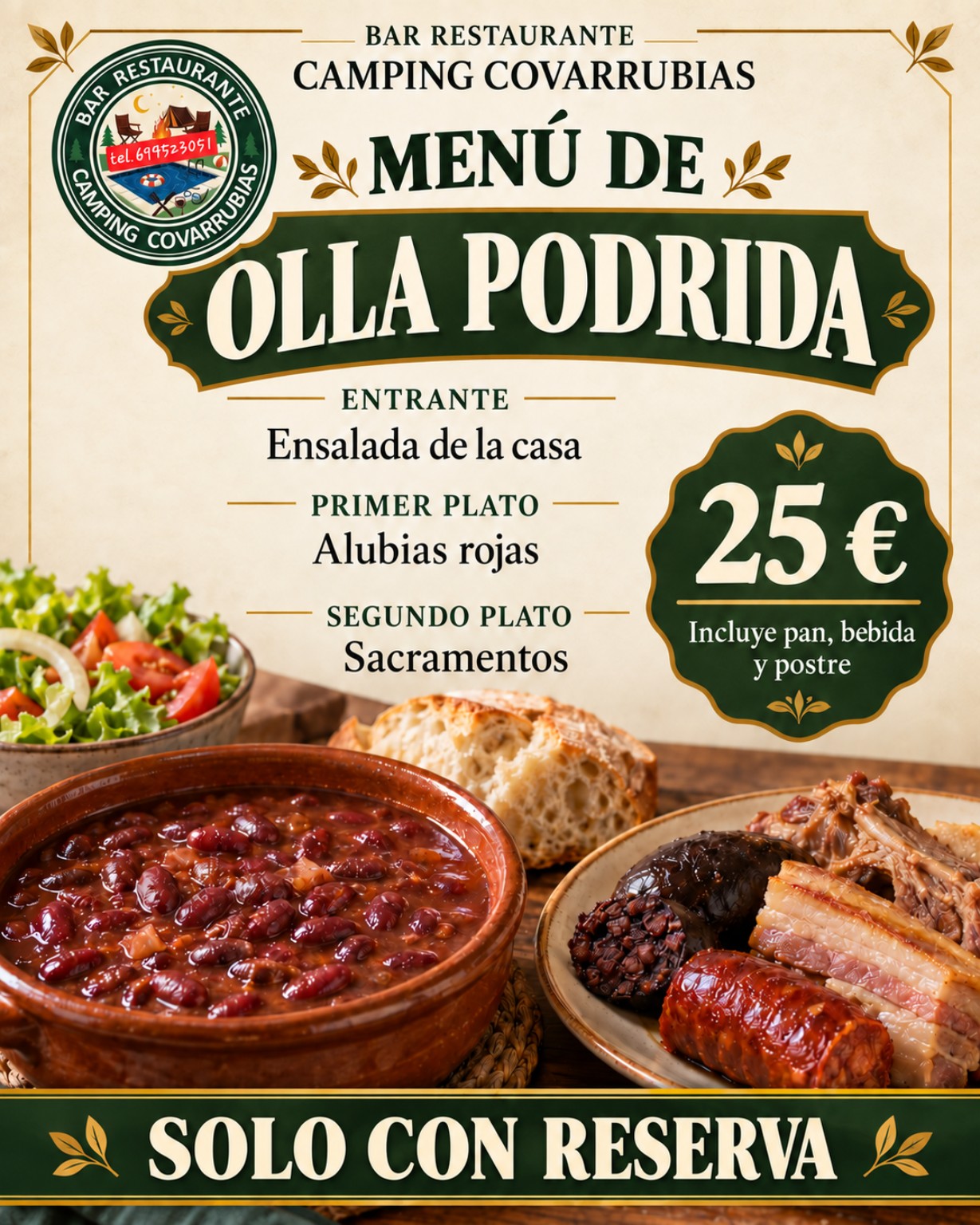 Cartel original del menú de olla podrida: ensalada de la casa, alubias rojas, sacramentos, pan, bebida y postre, 25 euros, solo con reserva